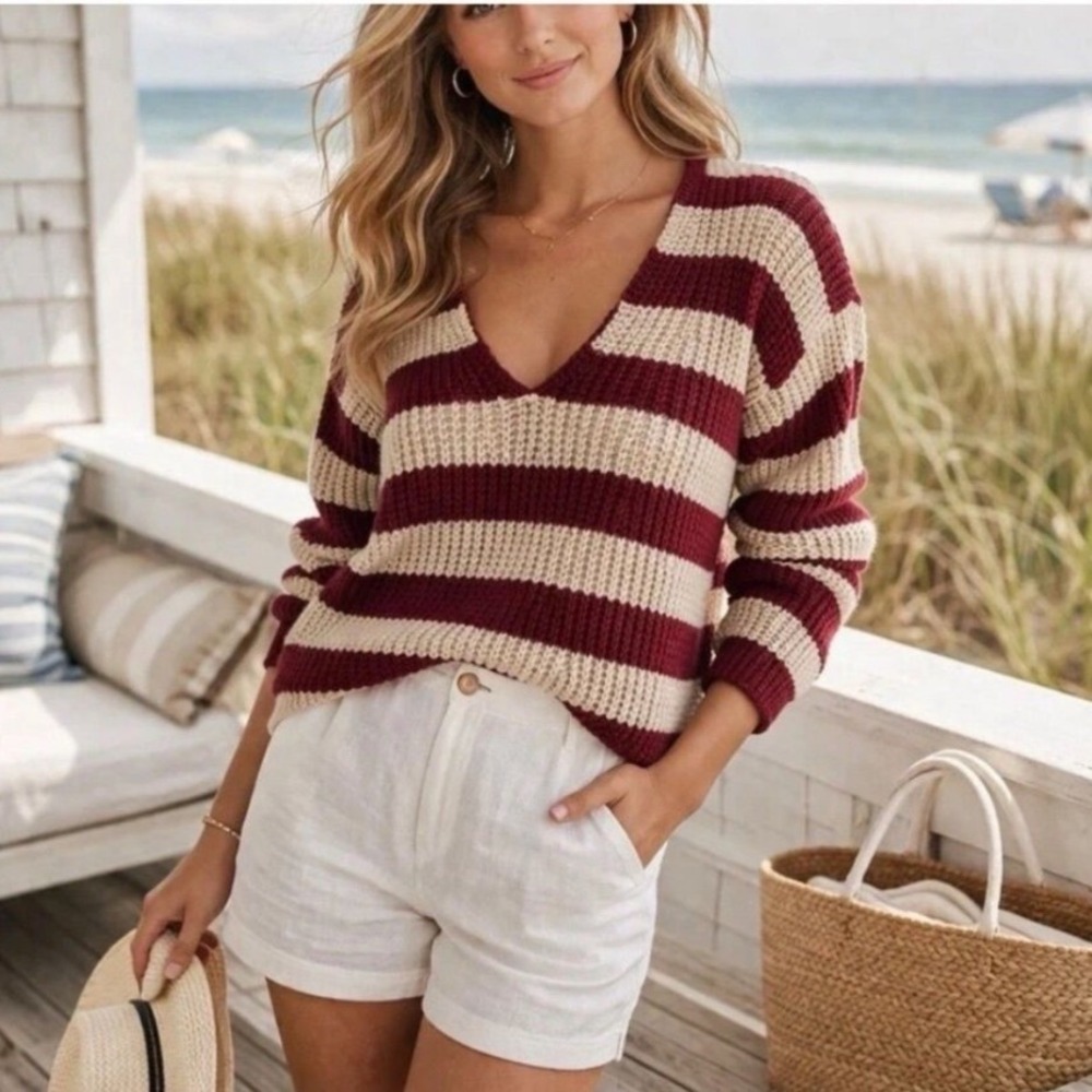 J.Crew Montauk Pullover‎ Sweater Striped V-Neck Cotton Blend CJ413  M